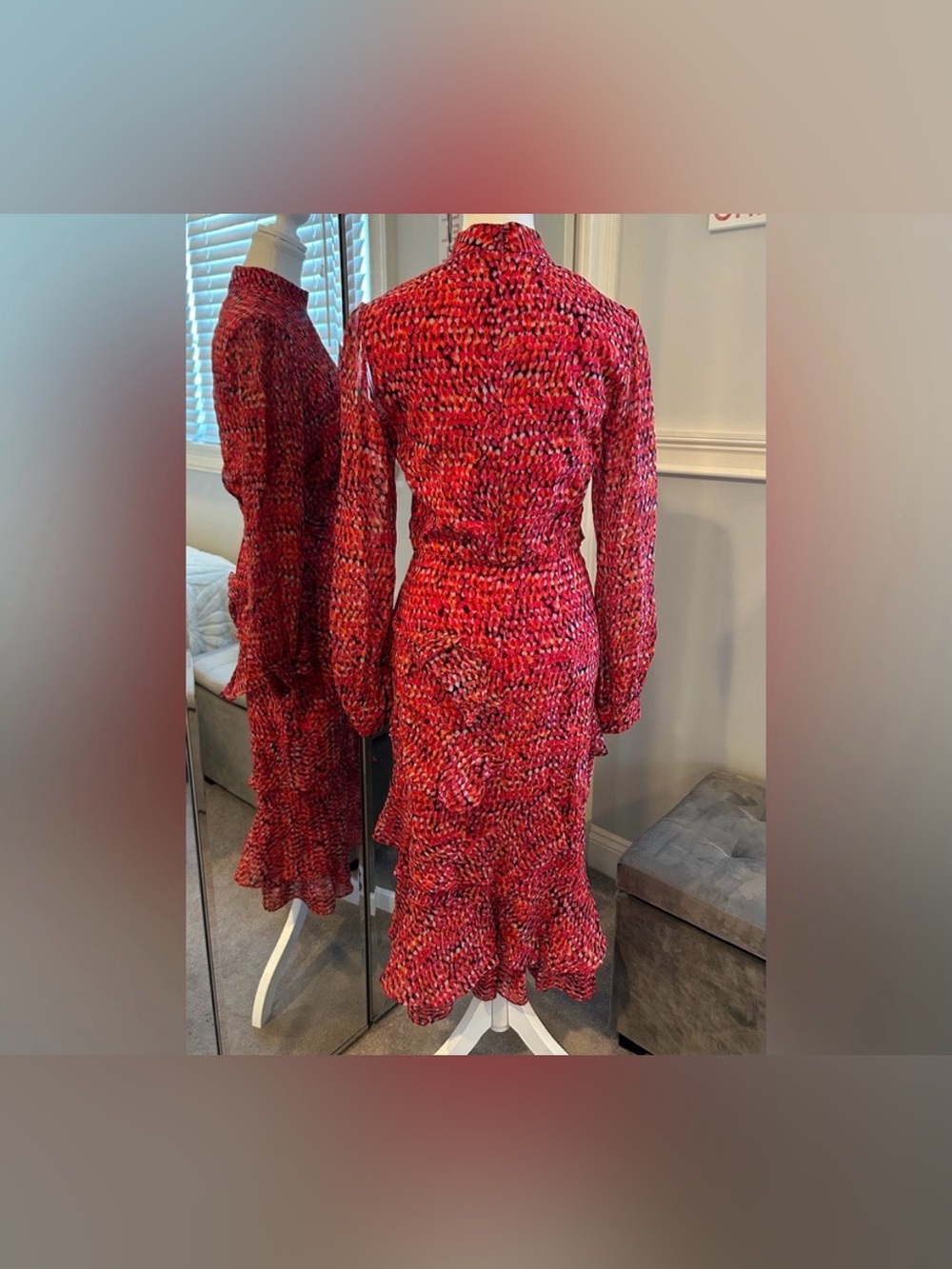 SALONI Red Printed Isa Ruffle Silk Midi Dress US 8/UK 12 MSRP $695 - Picture 10 of 16